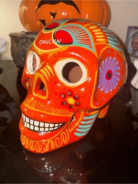 Ceramic SKULL candle holder handpainted Cancun